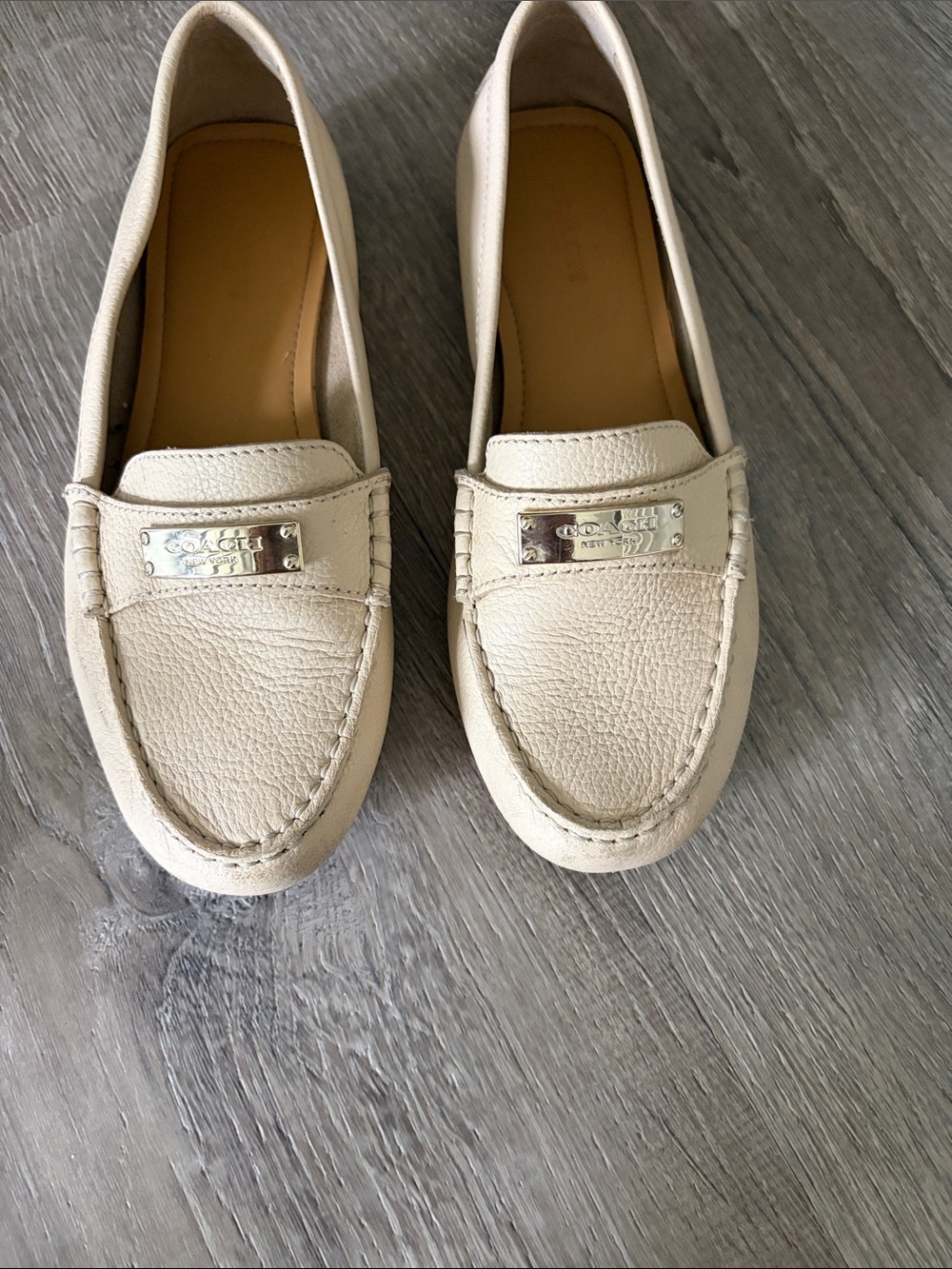 Coach Beige Leather Driving Loafers with Metal Plaque